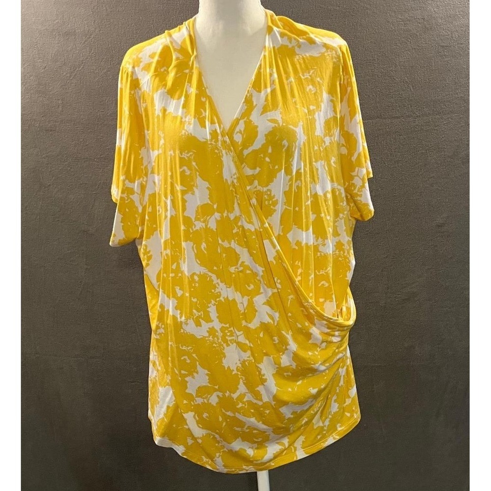 Talbots Woman Wrap Top Botanical Floral Surplice Draped Yellow White Plus 3X